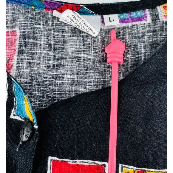 Hot Cotton Womens Linen Jacket Size L Colorful Abstract button down blouse - Picture 3 of 6